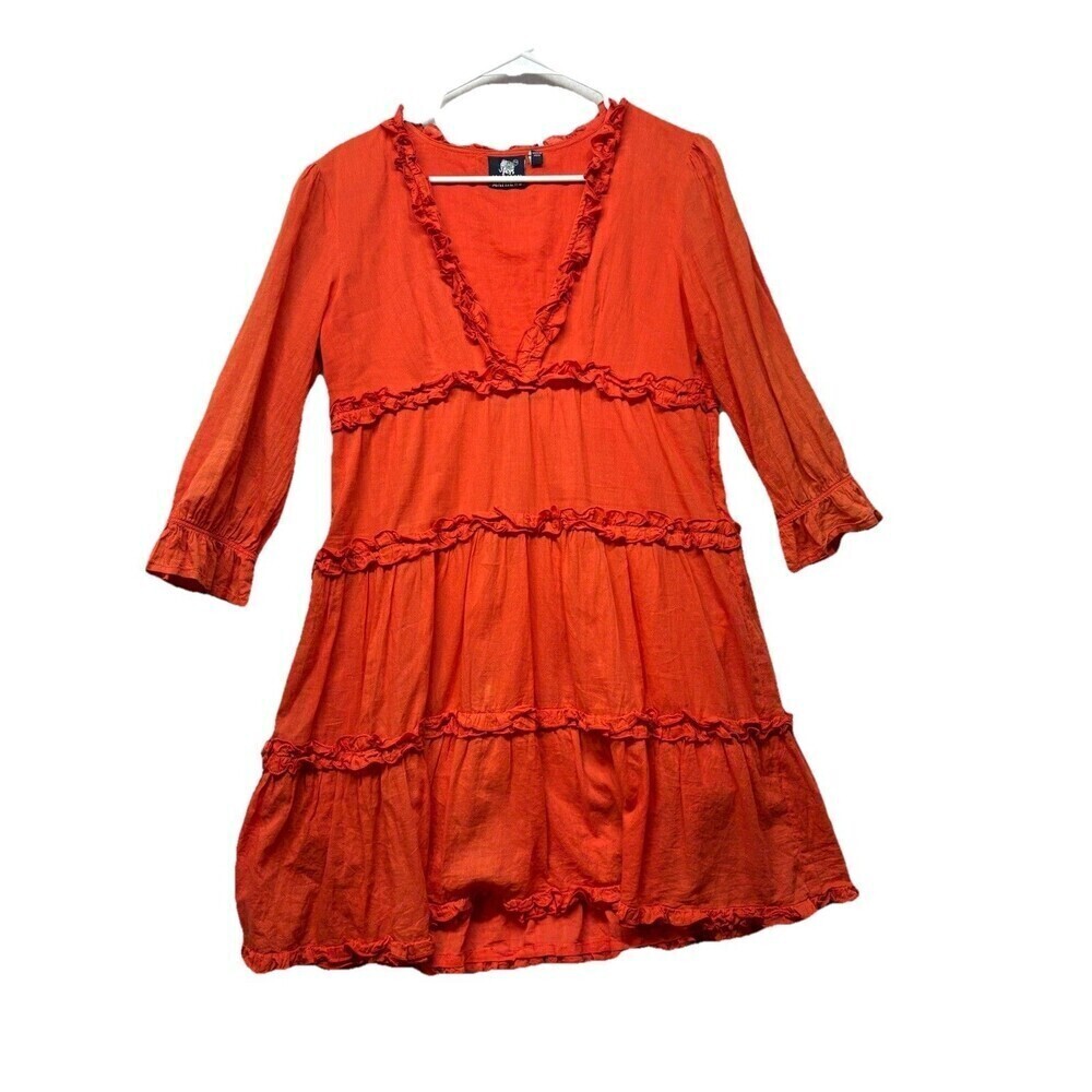 Madison Mathews Ruffle Tiered Mini Orange Lined Dress Sz Small V Neck 3/4 Sleeve